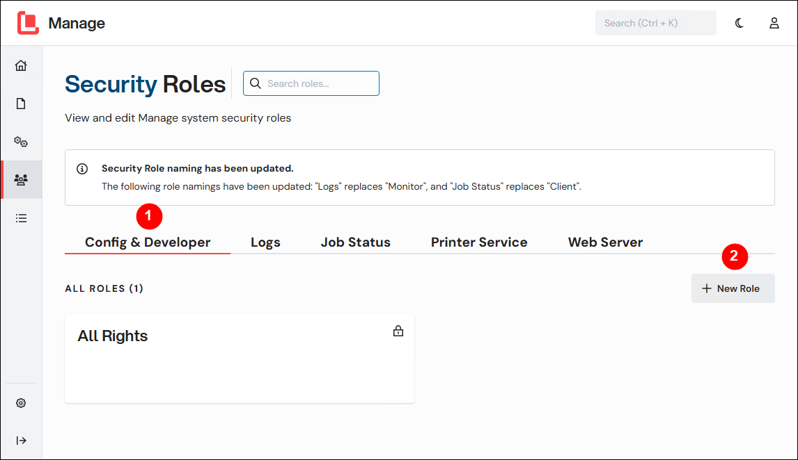 A number-annotated screenshot of the Security Roles page with the Config & Developer tab and New Role button annotated.